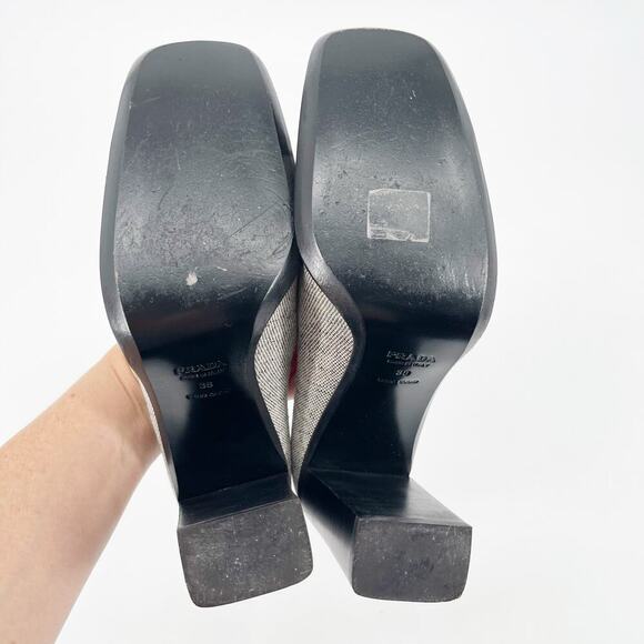 Prada Vintage 90s Black Leather Trim Gray Fabric Square Toe Block Heels IT 38 - Picture 9 of 10